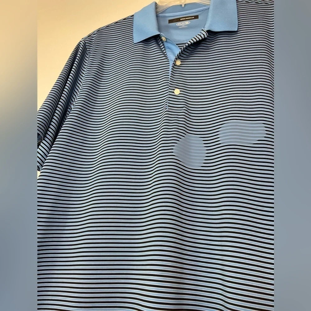 Greg Norman~Light Blue & Black Stripped Play Dry Golf Polo Shirt~Size L
